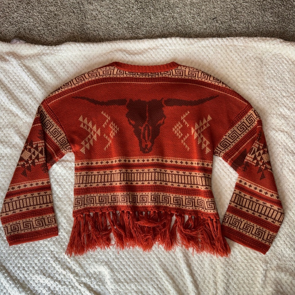 AZTEC FRINGE STEER SKULL CARDIGAN SWEATER - Picture 4 of 5